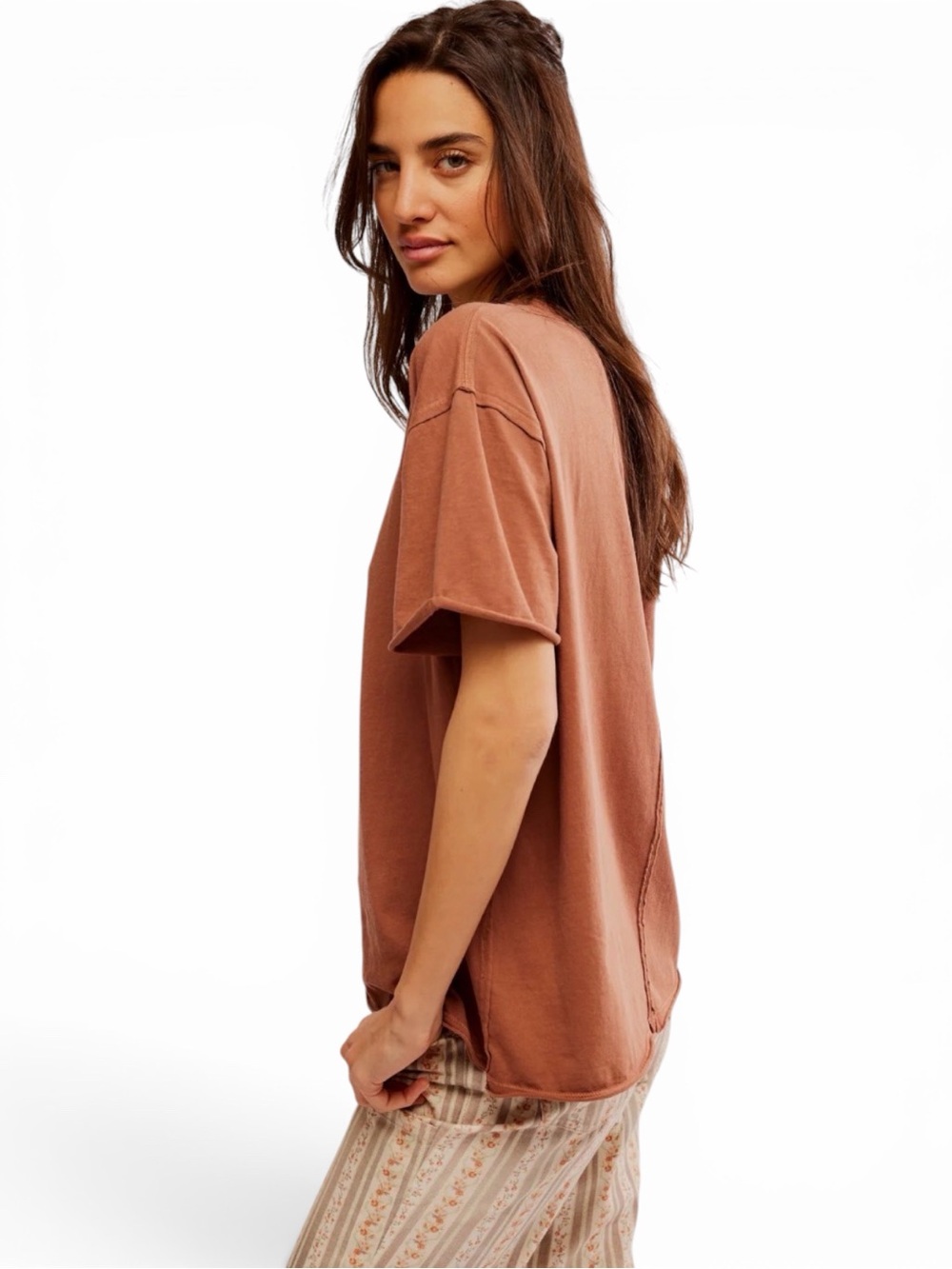We The Free (Free People) Brown Raw Edge Boxy Tee Extra Small EUC
